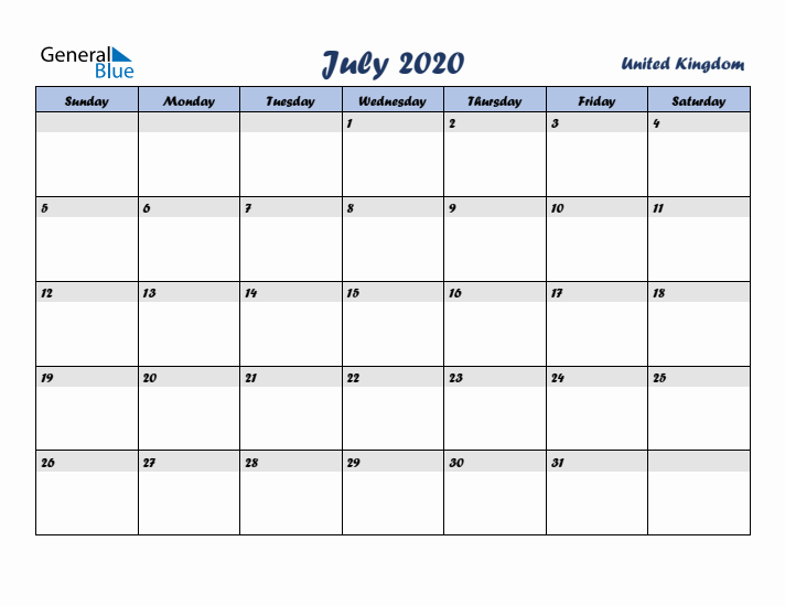 July 2020 Calendar with Holidays in United Kingdom