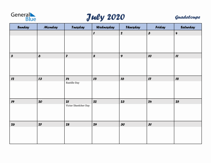 July 2020 Calendar with Holidays in Guadeloupe