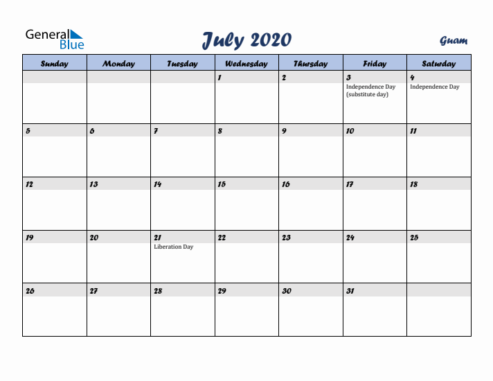 July 2020 Calendar with Holidays in Guam