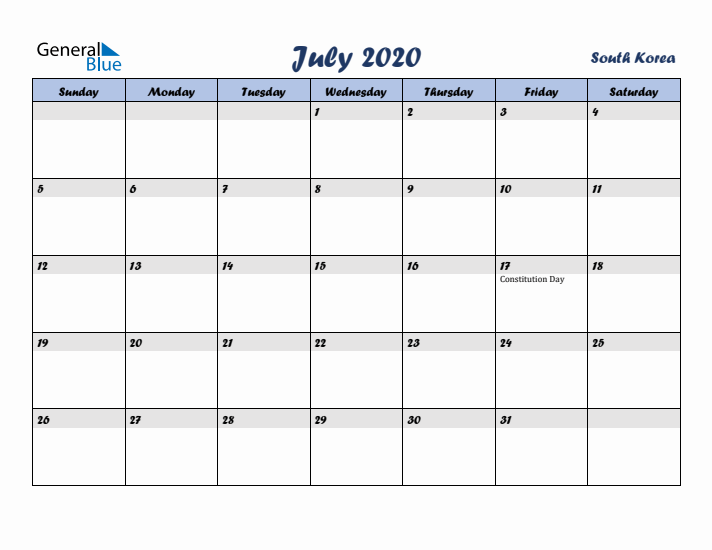 July 2020 Calendar with Holidays in South Korea