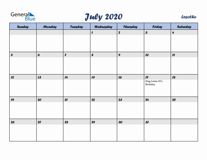July 2020 Calendar with Holidays in Lesotho