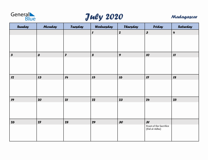 July 2020 Calendar with Holidays in Madagascar
