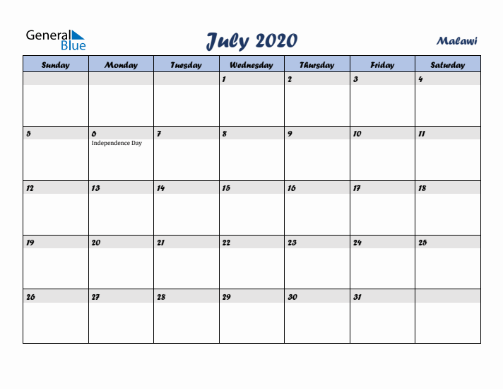 July 2020 Calendar with Holidays in Malawi