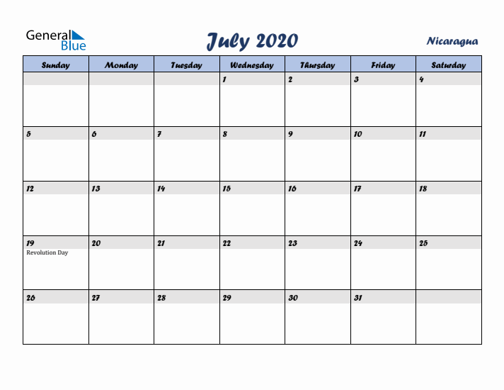 July 2020 Calendar with Holidays in Nicaragua