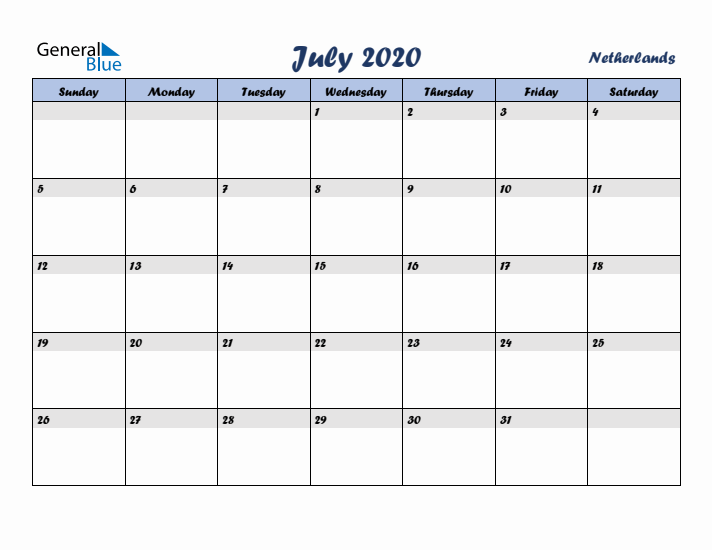 July 2020 Calendar with Holidays in The Netherlands