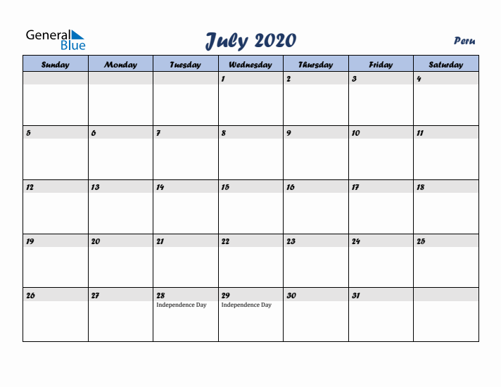 July 2020 Calendar with Holidays in Peru