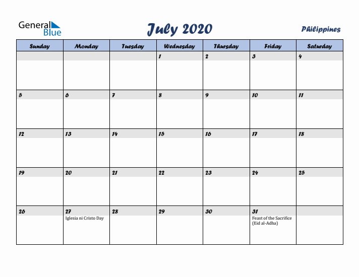 July 2020 Calendar with Holidays in Philippines
