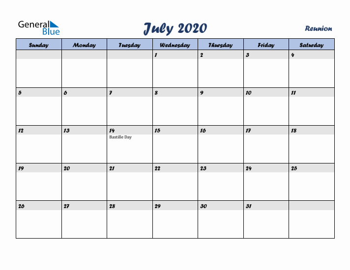 July 2020 Calendar with Holidays in Reunion