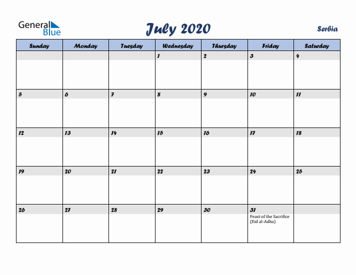 July 2020 Calendar with Holidays in Serbia