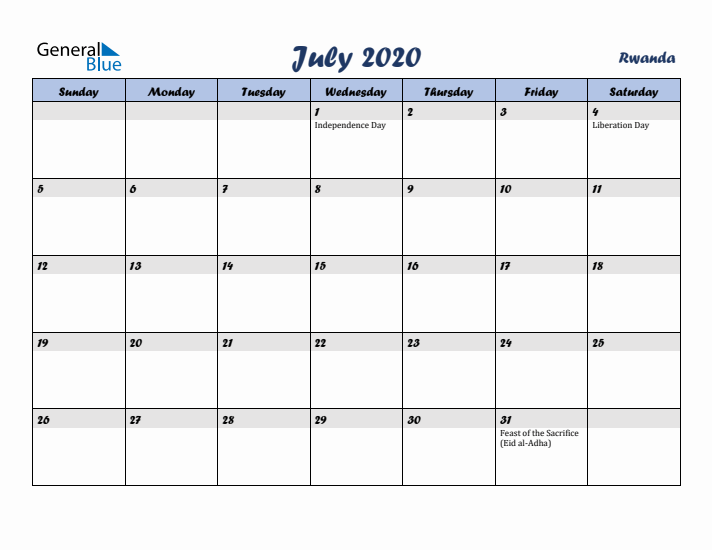 July 2020 Calendar with Holidays in Rwanda