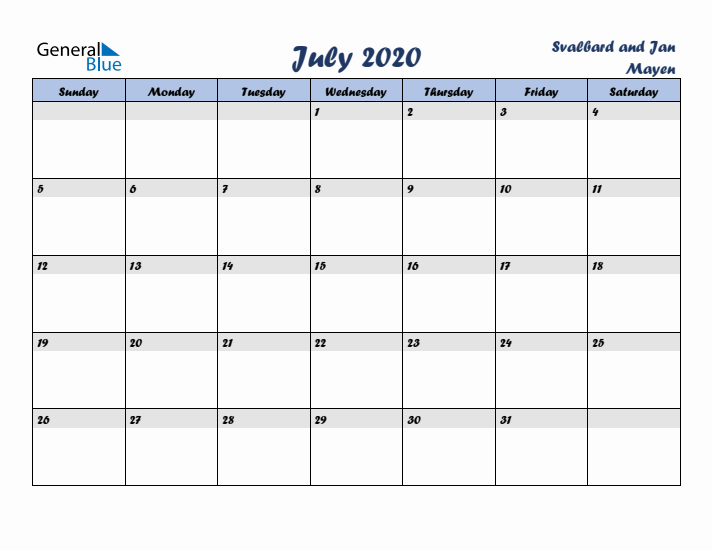 July 2020 Calendar with Holidays in Svalbard and Jan Mayen