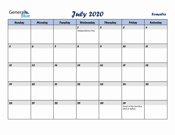 July 2020 Calendar with Holidays in Somalia