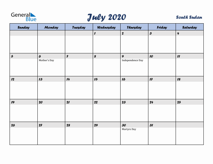 July 2020 Calendar with Holidays in South Sudan