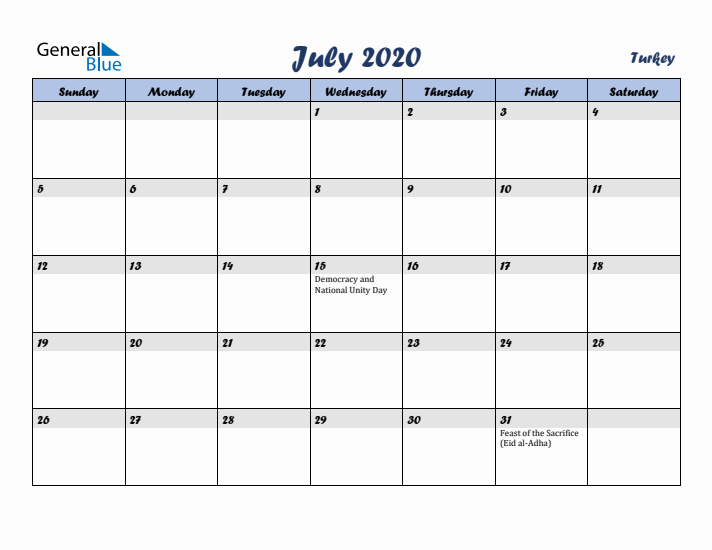 July 2020 Calendar with Holidays in Turkey