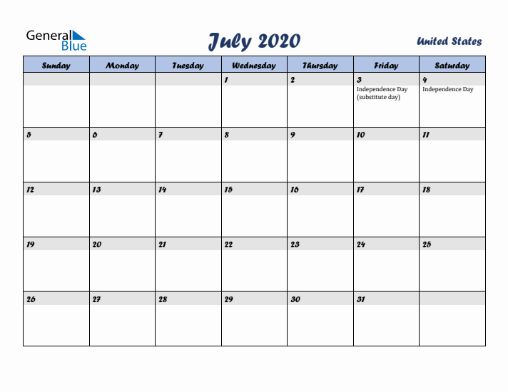 July 2020 Calendar with Holidays in United States