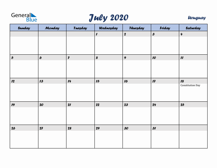 July 2020 Calendar with Holidays in Uruguay