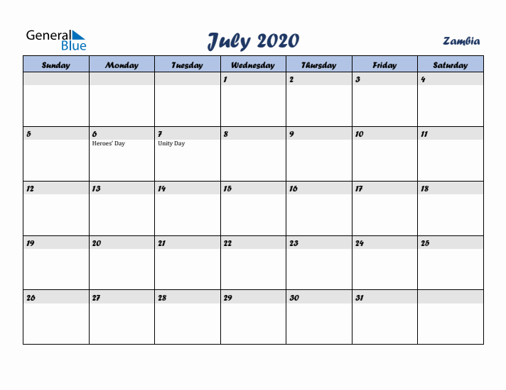 July 2020 Calendar with Holidays in Zambia