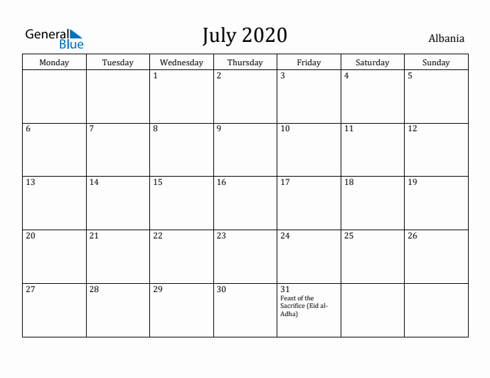 July 2020 Calendar Albania