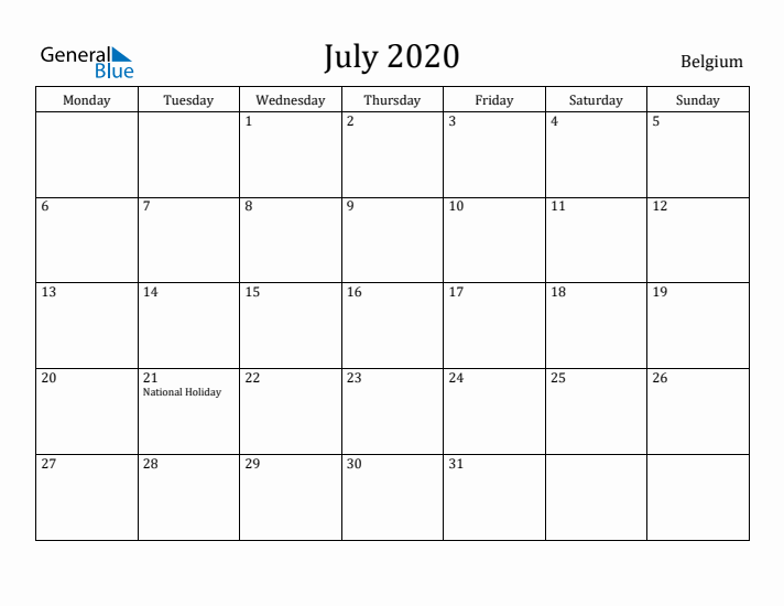 July 2020 Calendar Belgium