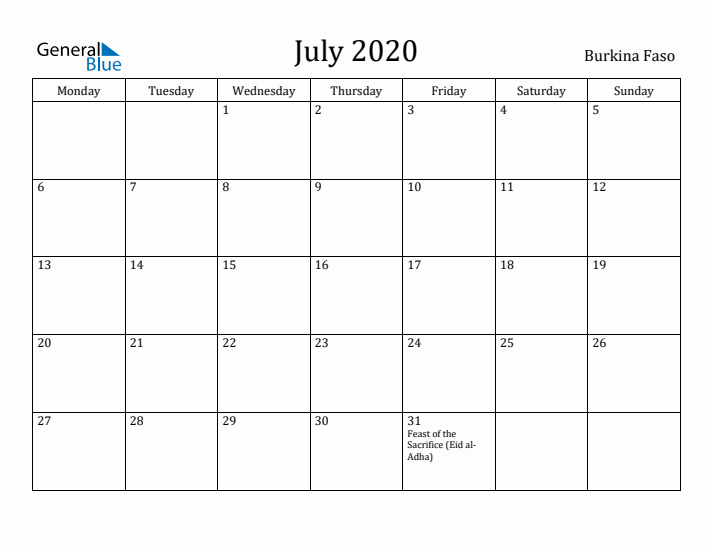 July 2020 Calendar Burkina Faso