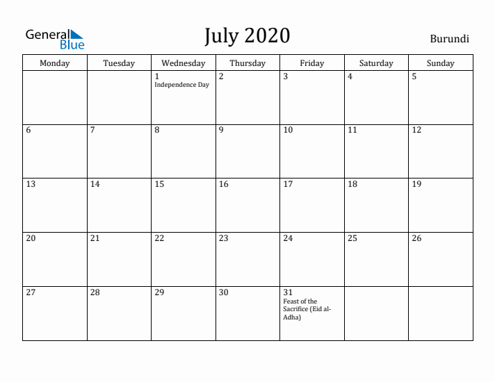 July 2020 Calendar Burundi