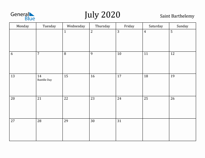 July 2020 Calendar Saint Barthelemy