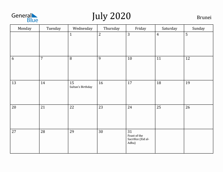 July 2020 Calendar Brunei