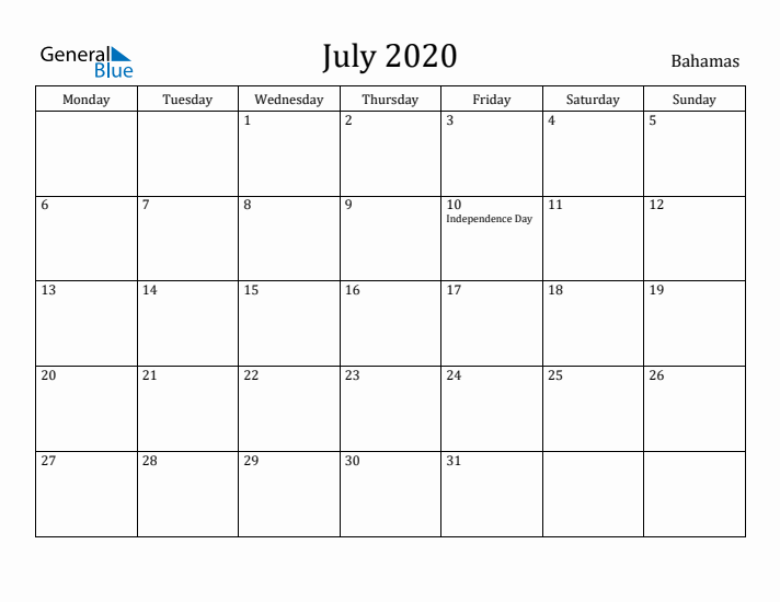 July 2020 Calendar Bahamas
