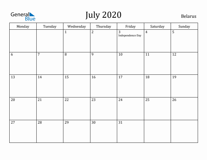 July 2020 Calendar Belarus