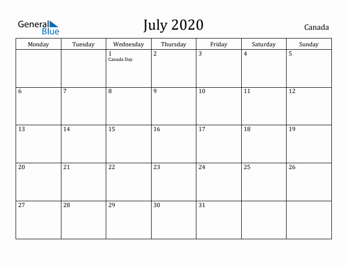 July 2020 Calendar Canada