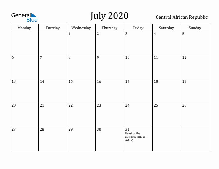 July 2020 Calendar Central African Republic