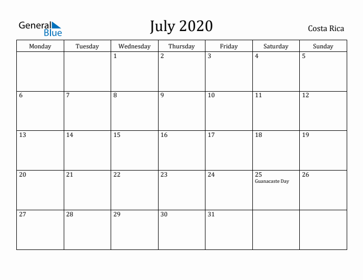 July 2020 Calendar Costa Rica