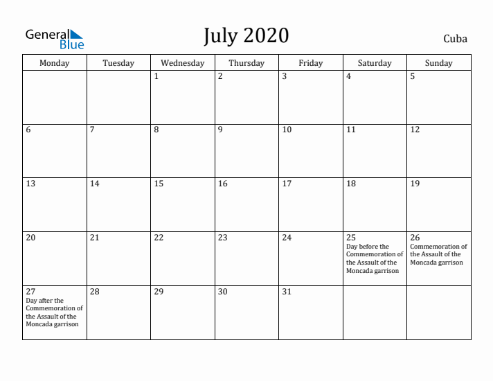 July 2020 Calendar Cuba