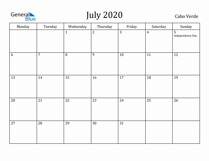 July 2020 Calendar Cabo Verde
