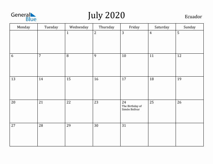July 2020 Calendar Ecuador