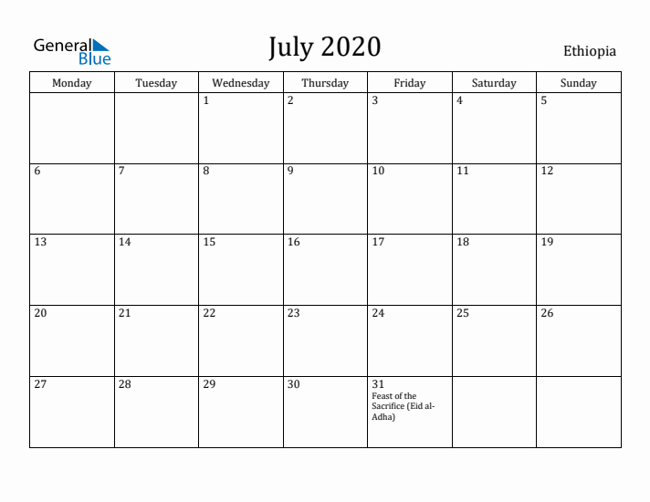 July 2020 Calendar Ethiopia