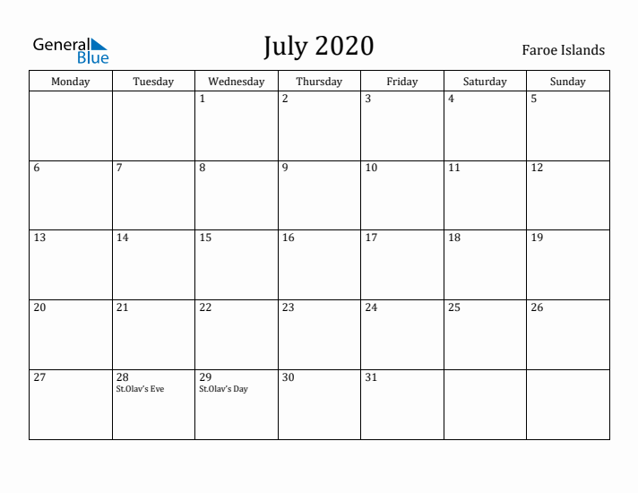 July 2020 Calendar Faroe Islands