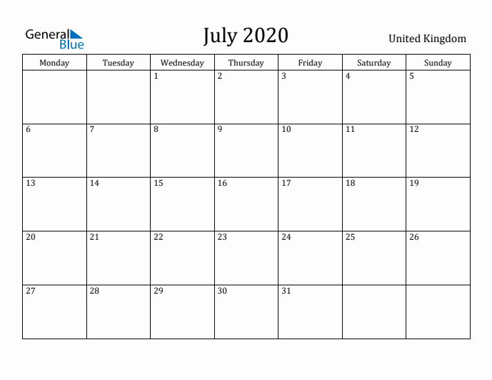 July 2020 Calendar United Kingdom