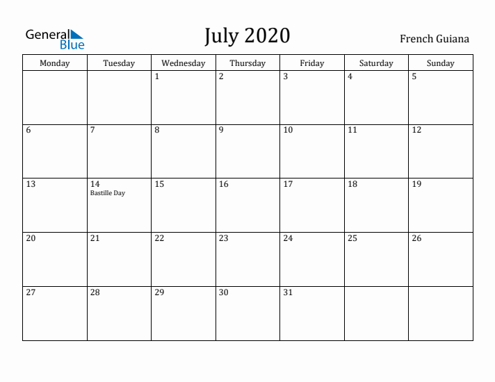 July 2020 Calendar French Guiana