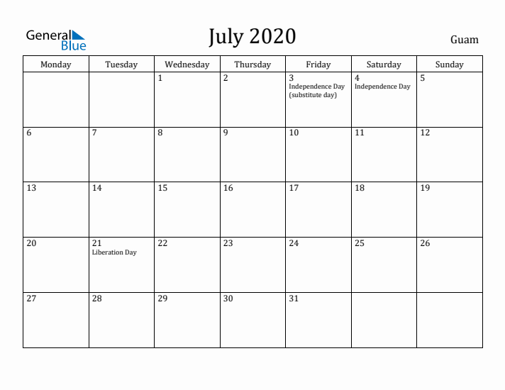 July 2020 Calendar Guam