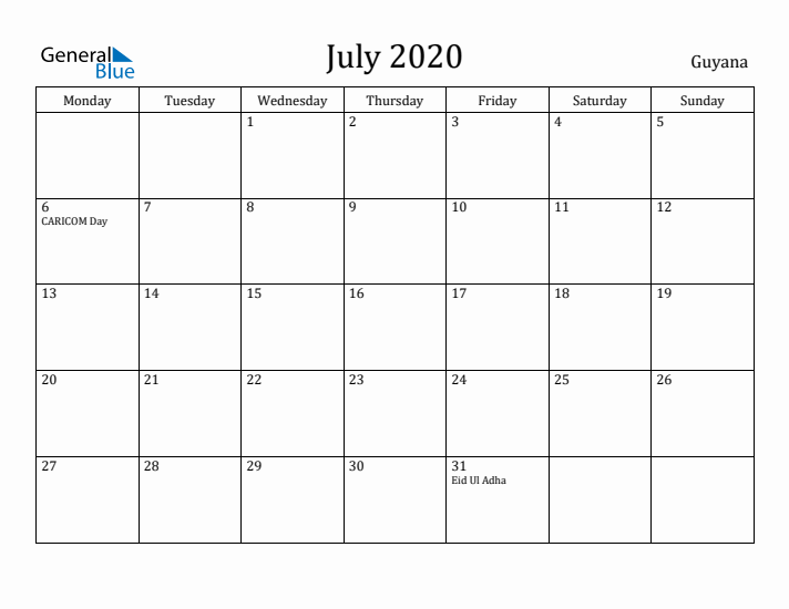 July 2020 Calendar Guyana