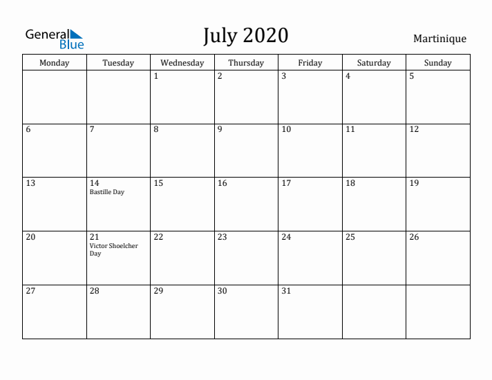 July 2020 Calendar Martinique