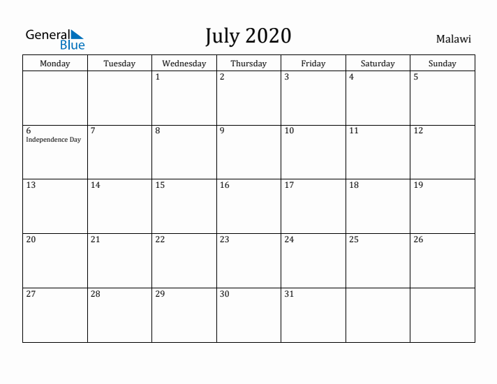 July 2020 Calendar Malawi
