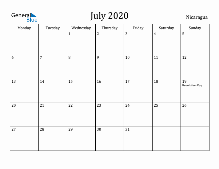 July 2020 Calendar Nicaragua