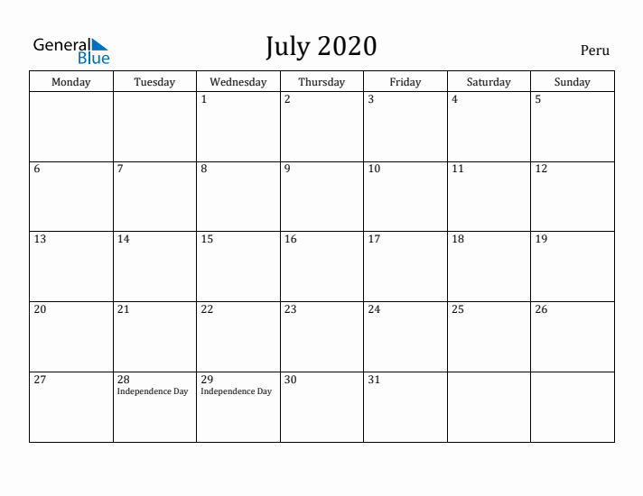 July 2020 Calendar Peru