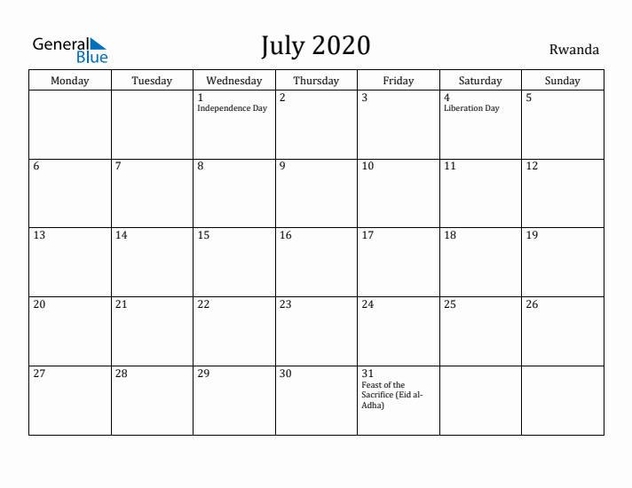 July 2020 Calendar Rwanda