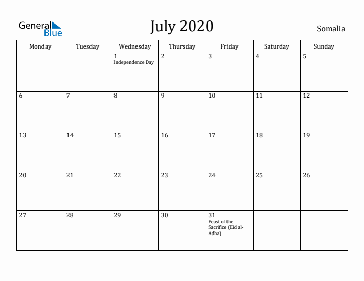 July 2020 Calendar Somalia