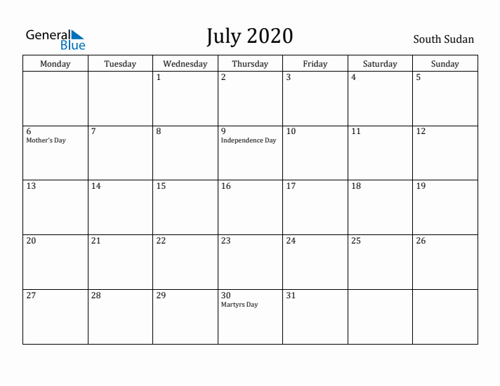 July 2020 Calendar South Sudan