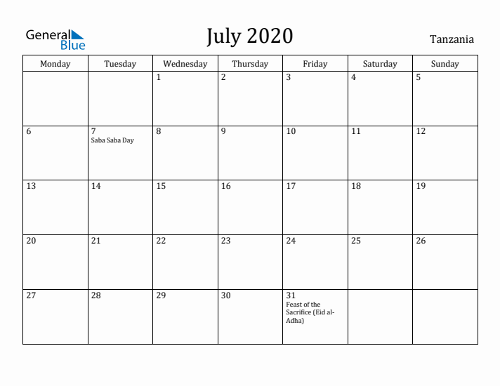 July 2020 Calendar Tanzania