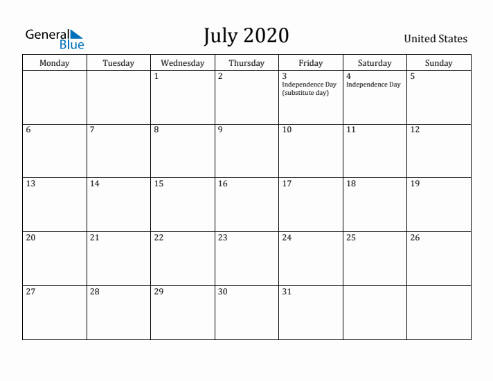 July 2020 Calendar United States